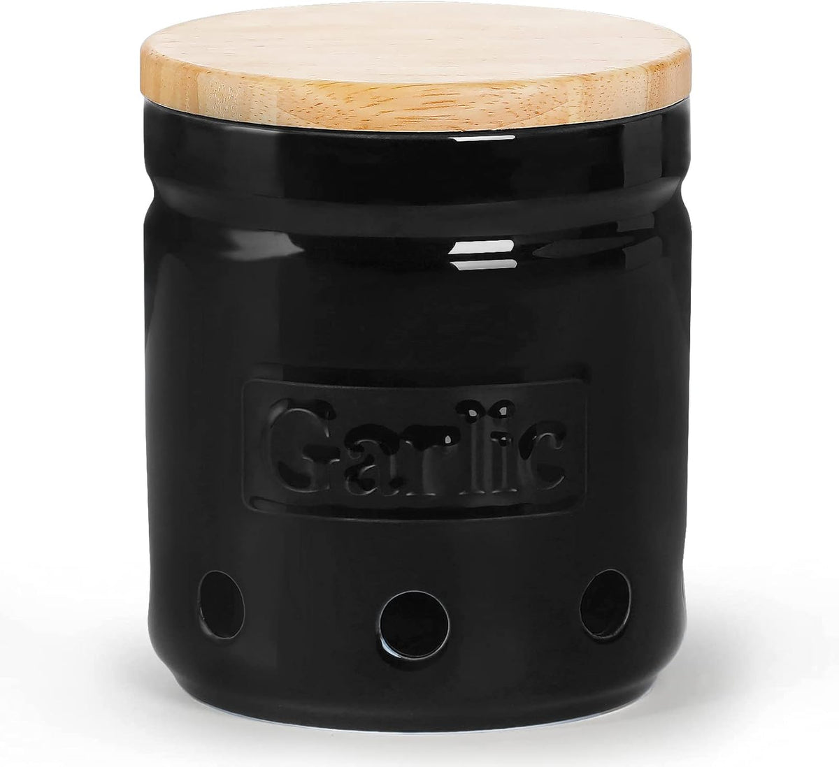 Garlic Keeper with Wooden Lid, 4.5-Inch Ceramic Garlic Holder 24oz (Navy)