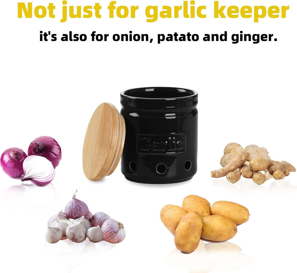 Garlic Keeper with Wooden Lid, 4.5-Inch Ceramic Garlic Holder 24oz (Navy)