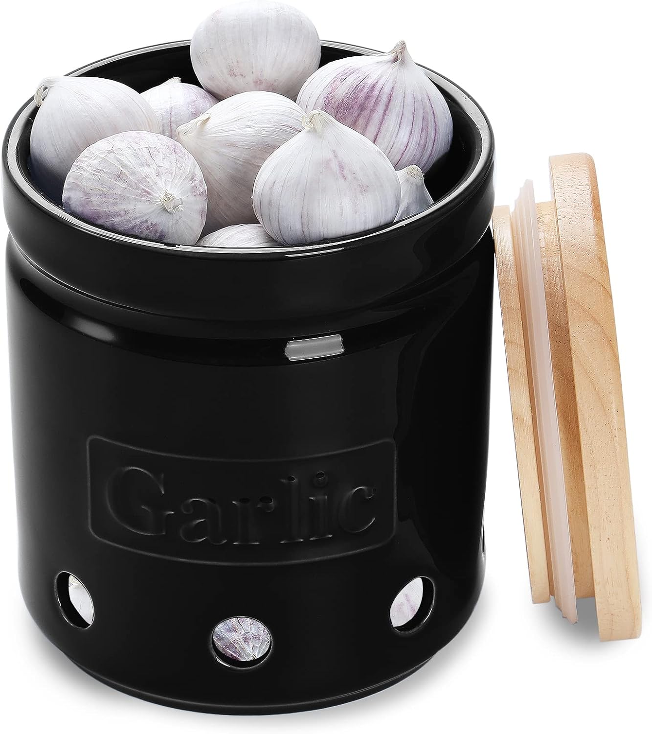 Garlic Keeper with Wooden Lid, 4.5-Inch Ceramic Garlic Holder 24oz (Navy)