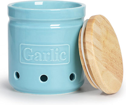 Garlic Keeper with Wooden Lid, 4.5-Inch Ceramic Garlic Holder 24oz (Navy)