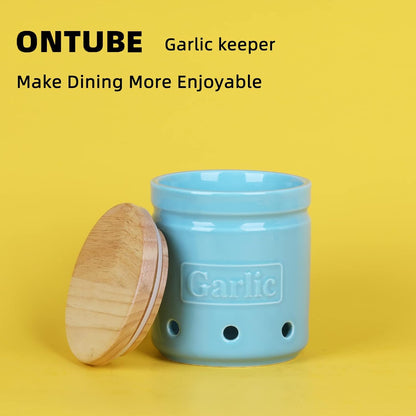 Garlic Keeper with Wooden Lid, 4.5-Inch Ceramic Garlic Holder 24oz (Navy)