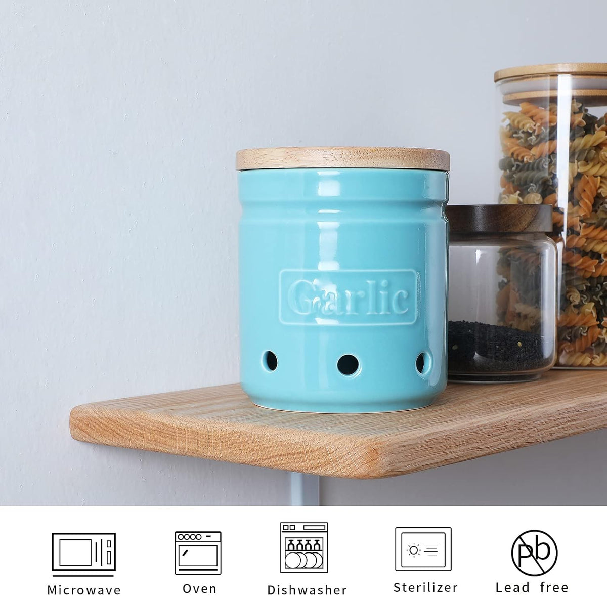 Garlic Keeper with Wooden Lid, 4.5-Inch Ceramic Garlic Holder 24oz (Navy)