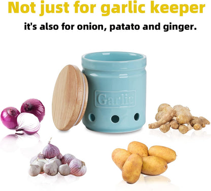 Garlic Keeper with Wooden Lid, 4.5-Inch Ceramic Garlic Holder 24oz (Navy)