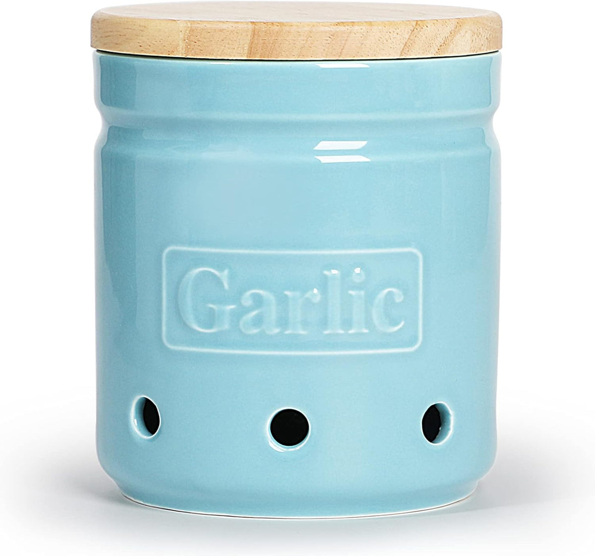 Garlic Keeper with Wooden Lid, 4.5-Inch Ceramic Garlic Holder 24oz (Navy)
