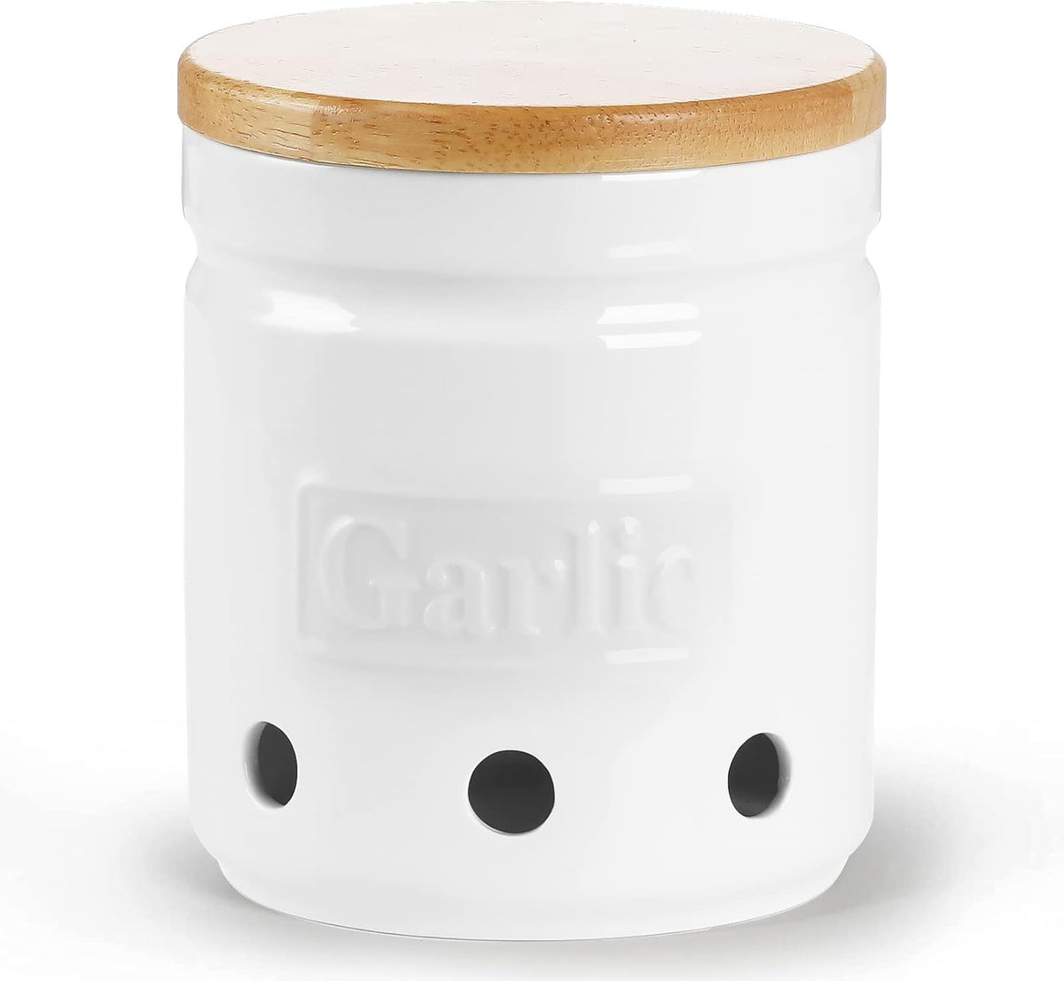 Garlic Keeper with Wooden Lid, 4.5-Inch Ceramic Garlic Holder 24oz (Navy)