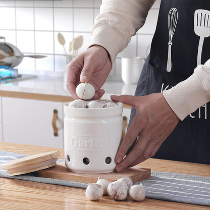 Garlic Keeper with Wooden Lid, 4.5-Inch Ceramic Garlic Holder 24oz (Navy)