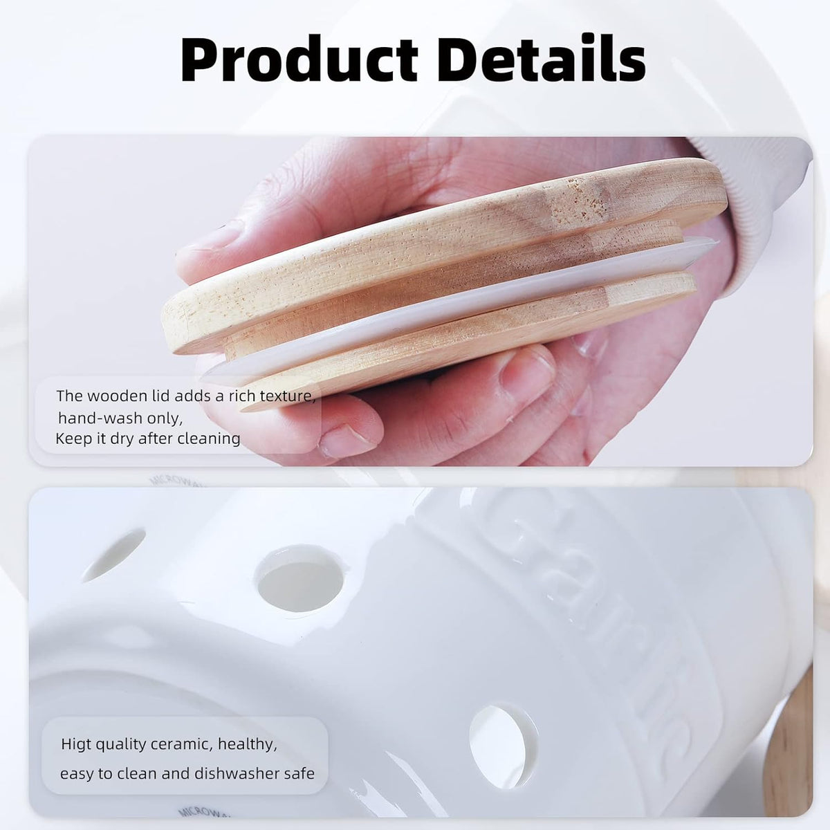 Garlic Keeper with Wooden Lid, 4.5-Inch Ceramic Garlic Holder 24oz (Navy)