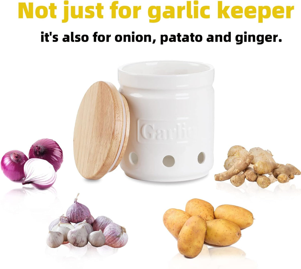 Garlic Keeper with Wooden Lid, 4.5-Inch Ceramic Garlic Holder 24oz (Navy)