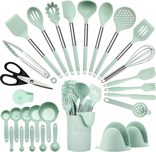 28 Pcs Silicone Cooking Utensils Set with Stainless Steel Handle, 446℉ Heat-Resistant Kitchen Utensils Set with Holder, Dishwasher Washable Silicone Spatula for Non-stick Cookware (Light Green)