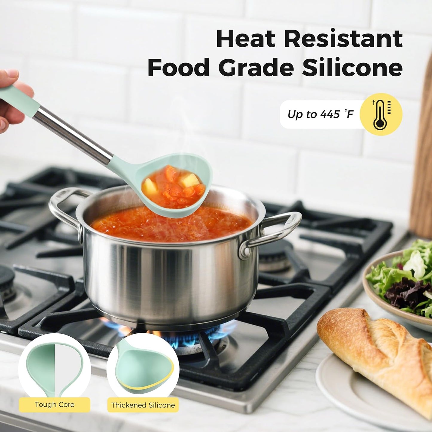28 Pcs Silicone Cooking Utensils Set with Stainless Steel Handle, 446℉ Heat-Resistant Kitchen Utensils Set with Holder, Dishwasher Washable Silicone Spatula for Non-stick Cookware (Light Green)