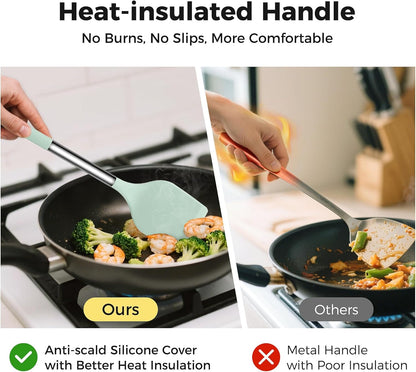 28 Pcs Silicone Cooking Utensils Set with Stainless Steel Handle, 446℉ Heat-Resistant Kitchen Utensils Set with Holder, Dishwasher Washable Silicone Spatula for Non-stick Cookware (Light Green)