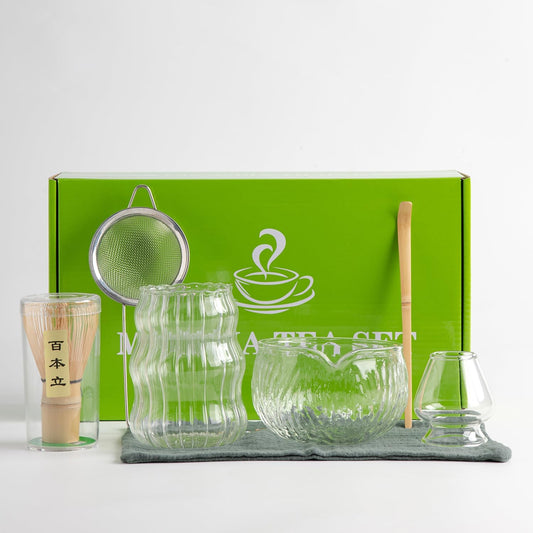 7Pcs Japanese Matcha Tea Set, Matcha Kit with Matcha Bowl (with Pouring Spout), Matcha Whisk, Whisk Holder, Strainer - Elegant Matcha Set for Gifting, Gift Box Packaging glass