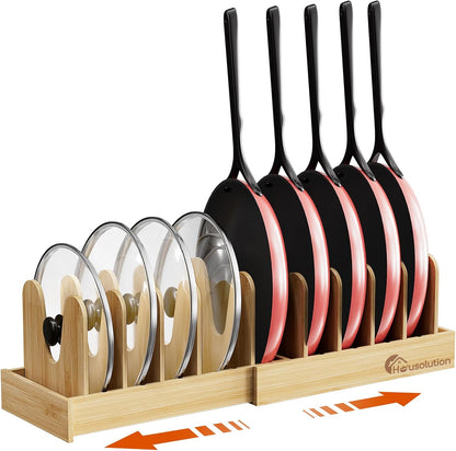 Bamboo Pot and Pan Lid Organizer Holder Storage Rack | 15"-29" Expandable, 10 Adjustable Dividers, Upgrade Solid Wooden Base, Easy Assembly