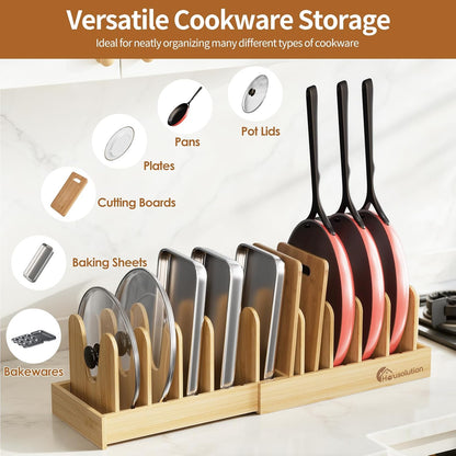 Bamboo Pot and Pan Lid Organizer Holder Storage Rack | 15"-29" Expandable, 10 Adjustable Dividers, Upgrade Solid Wooden Base, Easy Assembly