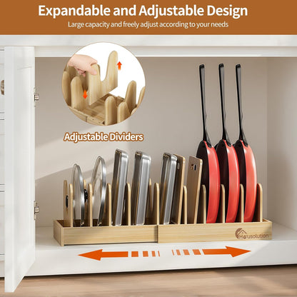 Bamboo Pot and Pan Lid Organizer Holder Storage Rack | 15"-29" Expandable, 10 Adjustable Dividers, Upgrade Solid Wooden Base, Easy Assembly