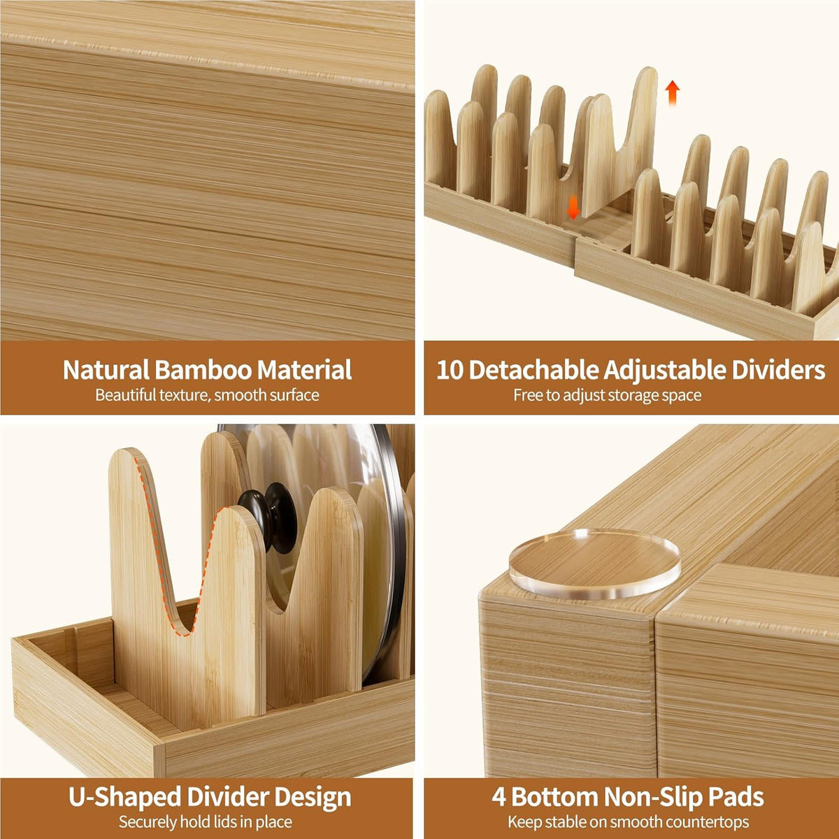 Bamboo Pot and Pan Lid Organizer Holder Storage Rack | 15"-29" Expandable, 10 Adjustable Dividers, Upgrade Solid Wooden Base, Easy Assembly