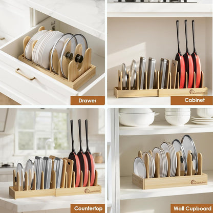 Bamboo Pot and Pan Lid Organizer Holder Storage Rack | 15"-29" Expandable, 10 Adjustable Dividers, Upgrade Solid Wooden Base, Easy Assembly
