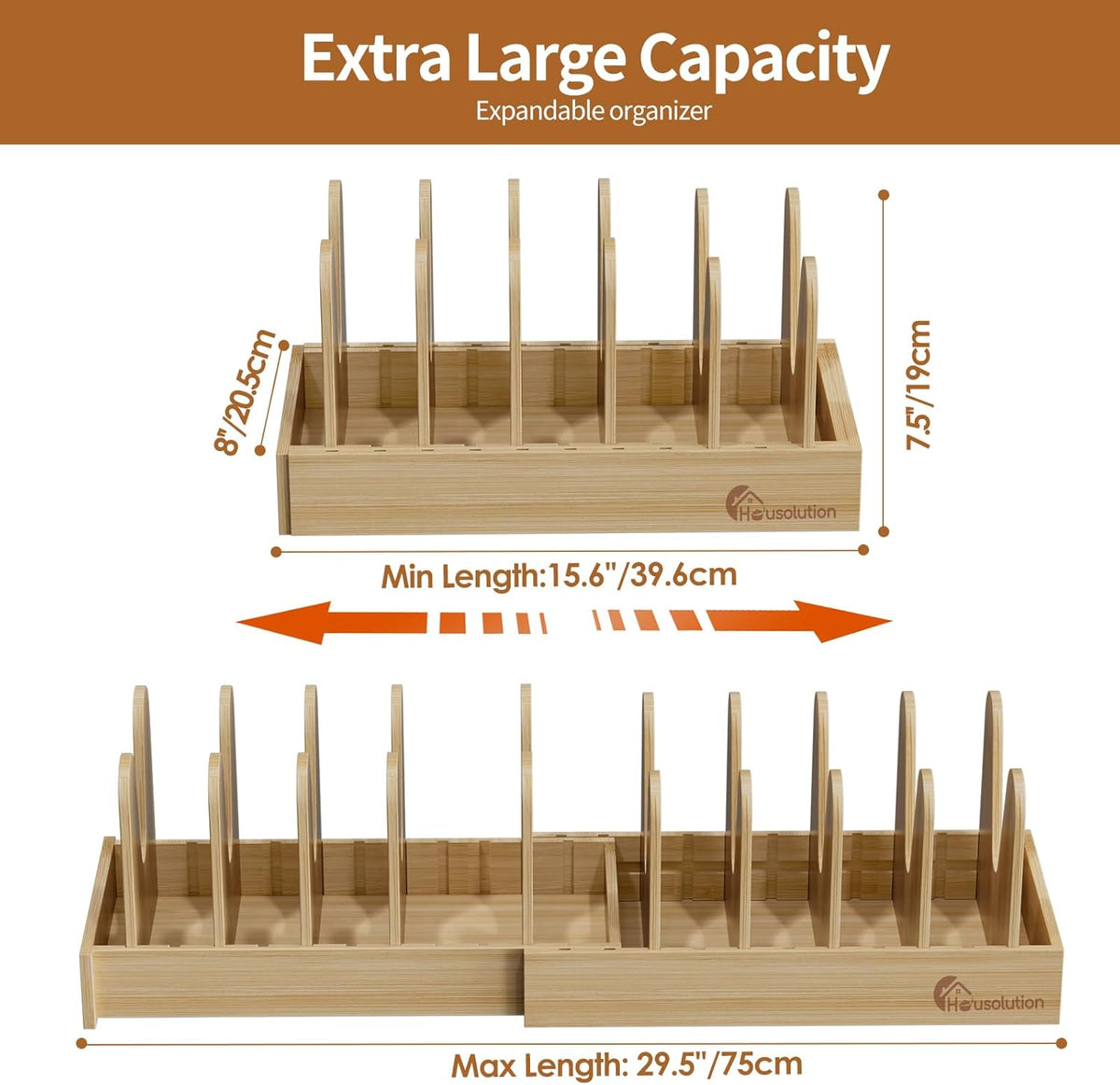 Bamboo Pot and Pan Lid Organizer Holder Storage Rack | 15"-29" Expandable, 10 Adjustable Dividers, Upgrade Solid Wooden Base, Easy Assembly