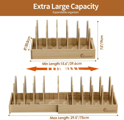 Bamboo Pot and Pan Lid Organizer Holder Storage Rack | 15"-29" Expandable, 10 Adjustable Dividers, Upgrade Solid Wooden Base, Easy Assembly