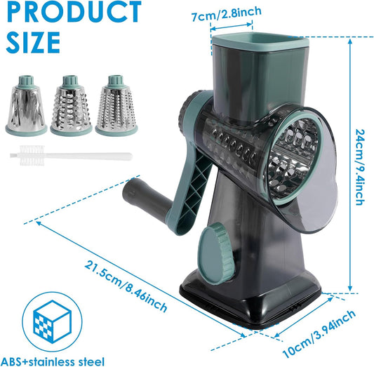 Rotary Cheese Grater with Handle, Shredder Slicer Grinder 3 Stainless Steel Blades Manual Cheese Cutter Hand Crank Graters for Kitchen Potato Zucchini Carrot Potato Vegetable Nuts Chocolate