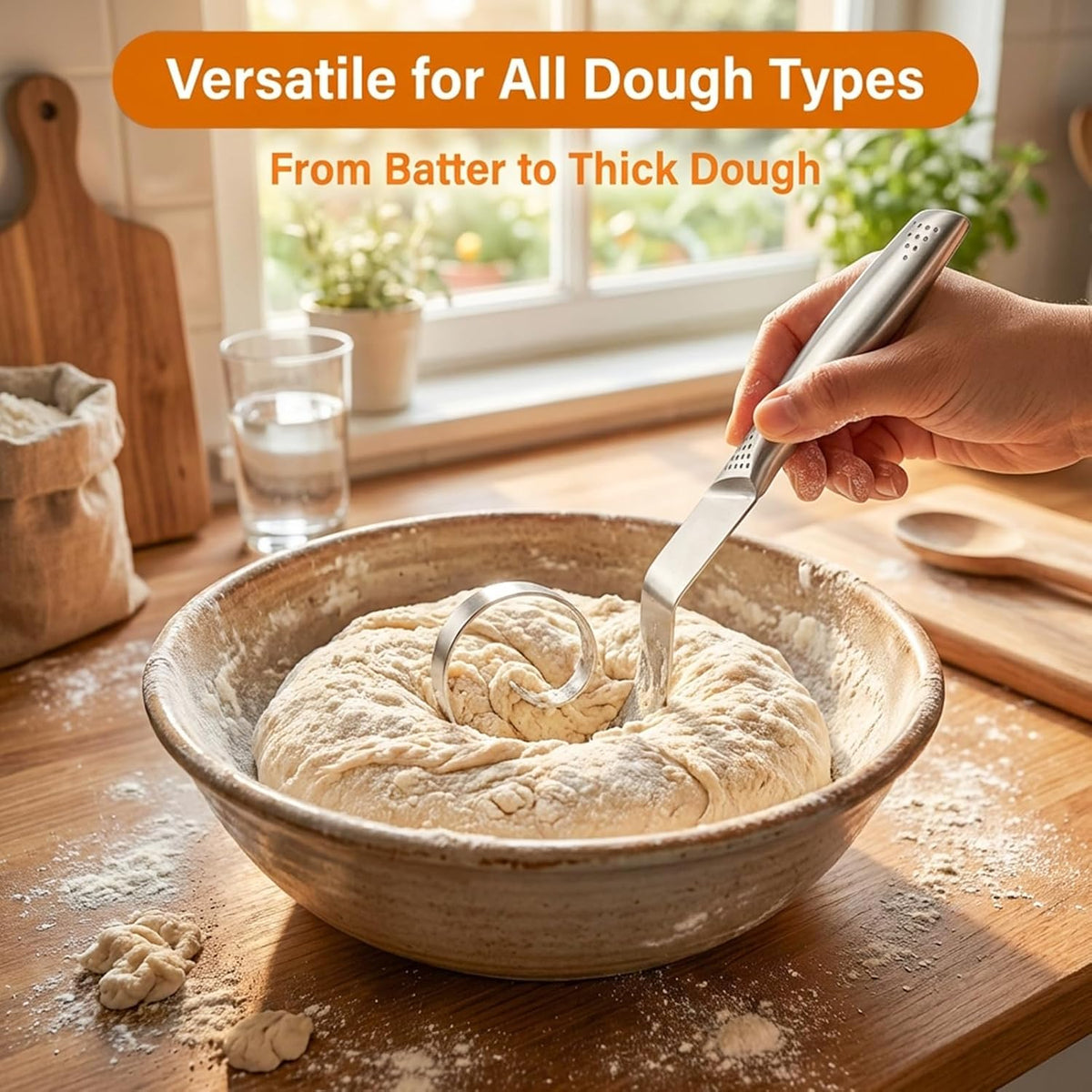 Seamless Danish Dough Whisk, 10" Stainless Steel Dutch Bread Dough Whisk with Scraper for Sourdough Bread Baking, Whisking, Pizza, Pastry, Cake Batter, Biscuits,Dishwasher Safe