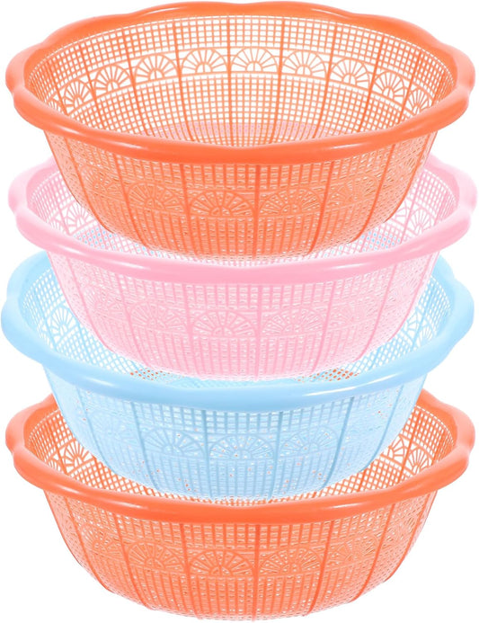 4Pcs Plastic Rice Wash Basin 9.05 Inch Food Strainer Bowl Multifunctional Fruit and Vegetable Washing Basket for Rice Rinsing Dough Kneading Kitchen Counter Use