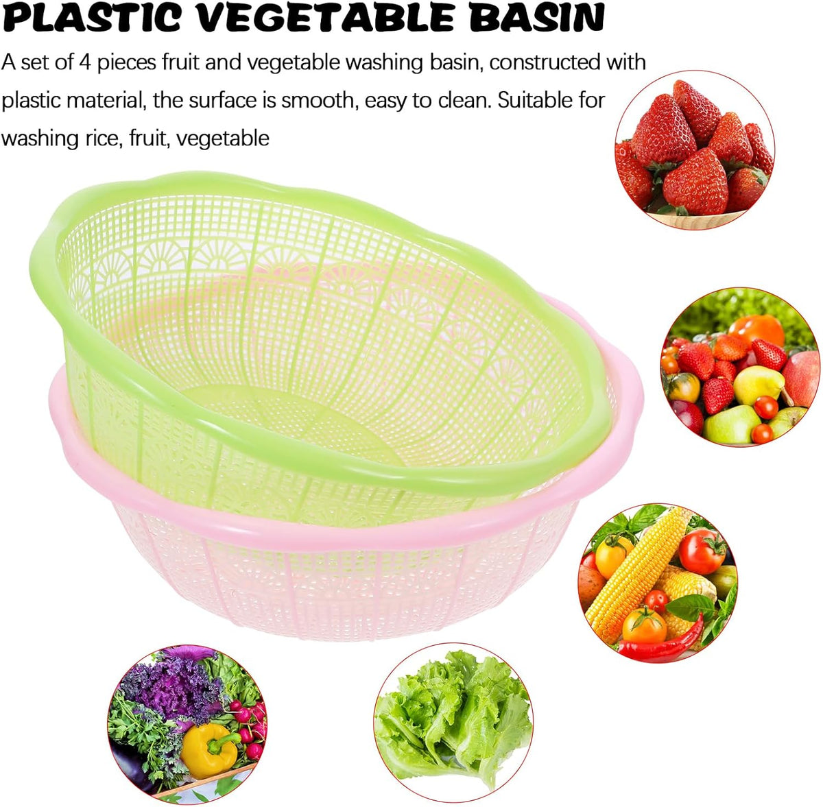 4Pcs Plastic Rice Wash Basin 9.05 Inch Food Strainer Bowl Multifunctional Fruit and Vegetable Washing Basket for Rice Rinsing Dough Kneading Kitchen Counter Use