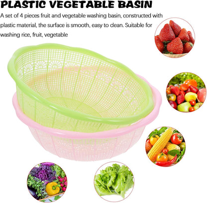 4Pcs Plastic Rice Wash Basin 9.05 Inch Food Strainer Bowl Multifunctional Fruit and Vegetable Washing Basket for Rice Rinsing Dough Kneading Kitchen Counter Use