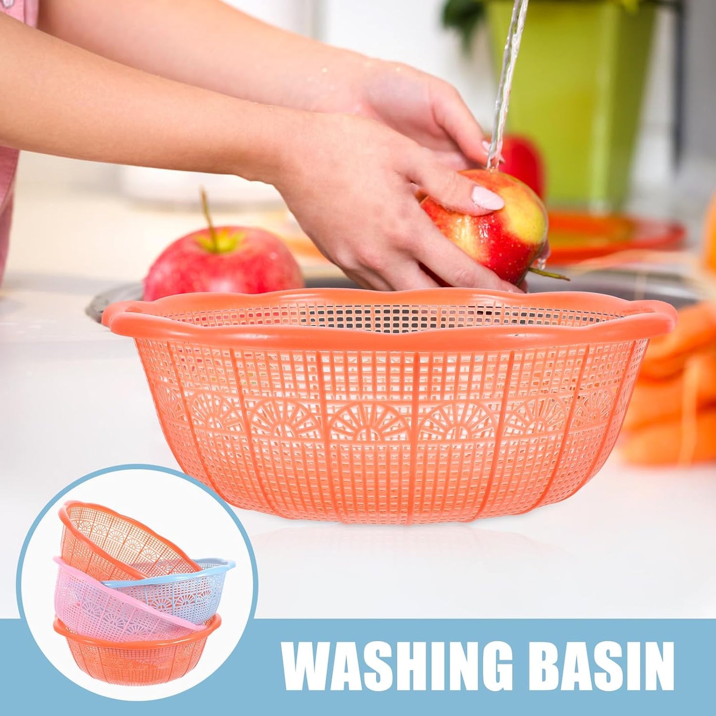 4Pcs Plastic Rice Wash Basin 9.05 Inch Food Strainer Bowl Multifunctional Fruit and Vegetable Washing Basket for Rice Rinsing Dough Kneading Kitchen Counter Use