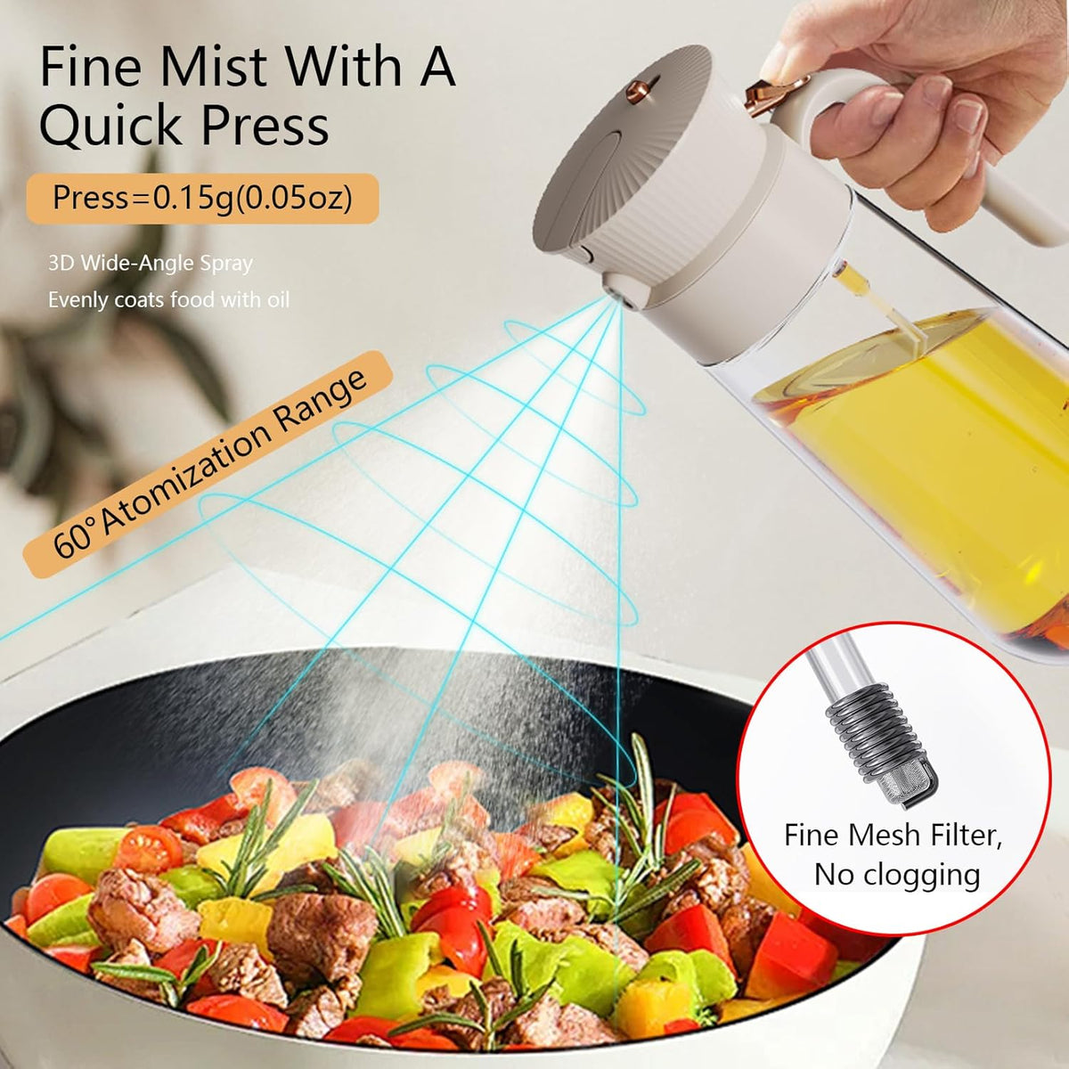 19.6 oz Leak-Proof Glass Olive Oil Sprayer for Cooking, Fine Mist & Pour | 2 in 1 Oil Dispenser and Sprayer, Switch Between Fine Mist & Precision Pour for Air Fryer, BBQ, Salad, Baking - White