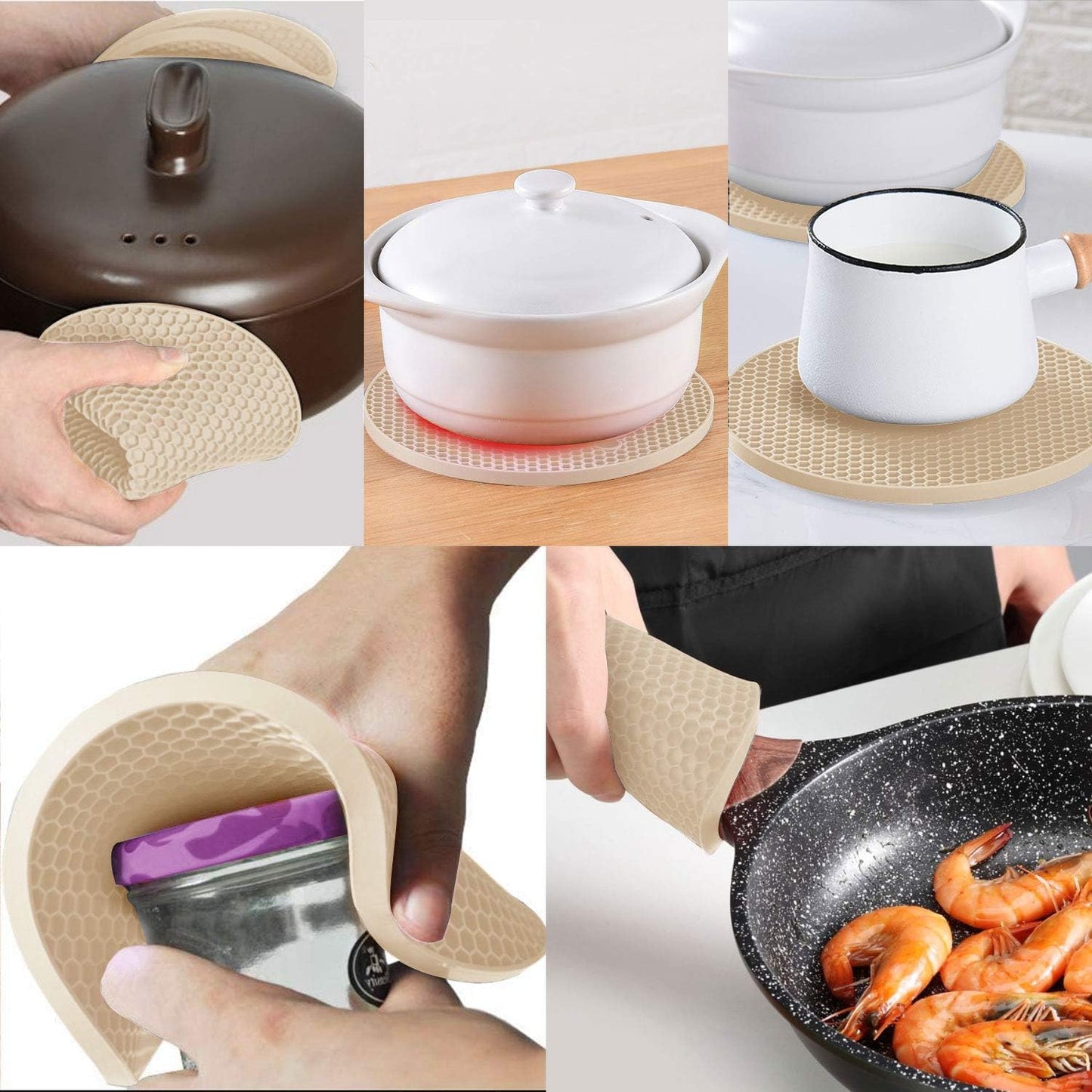 4 Pcs Trivets for Hot Dishes, Kitchen Heat Resistant Silicone Trivet, Extra Thick, Large, Non Slip (3. Beige)