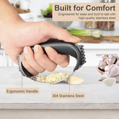 Garlic Press Rocker - Stainless Steel Garlic Mincer, Garlic Chopper, Garlic Crusher with Garlic Peeler and Cleaning Brush for Effortless Smashing Garlic.