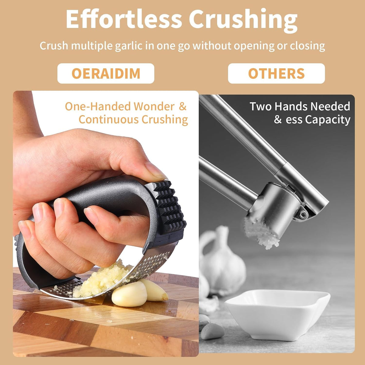 Garlic Press Rocker - Stainless Steel Garlic Mincer, Garlic Chopper, Garlic Crusher with Garlic Peeler and Cleaning Brush for Effortless Smashing Garlic.