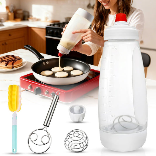 Pancake Batter Dispenser Bottle Kit (White) | Pancakes Mixer with Shaker Ball Stainless Steel Whisk and Brush,Squeeze Bottles for Cupcake Muffin Waffle Crepe