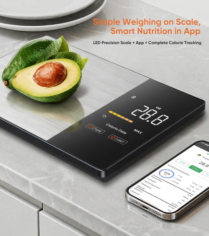 Smart Nutrition Food Scale with LED Display, Tracks Calories, Fat, Carbs & Protein via App, 1g Precision Digital Kitchen Scale for Healthy Eating & Meal Prep