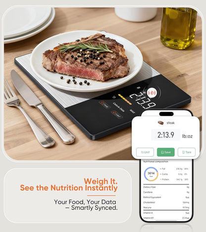 Smart Nutrition Food Scale with LED Display, Tracks Calories, Fat, Carbs & Protein via App, 1g Precision Digital Kitchen Scale for Healthy Eating & Meal Prep