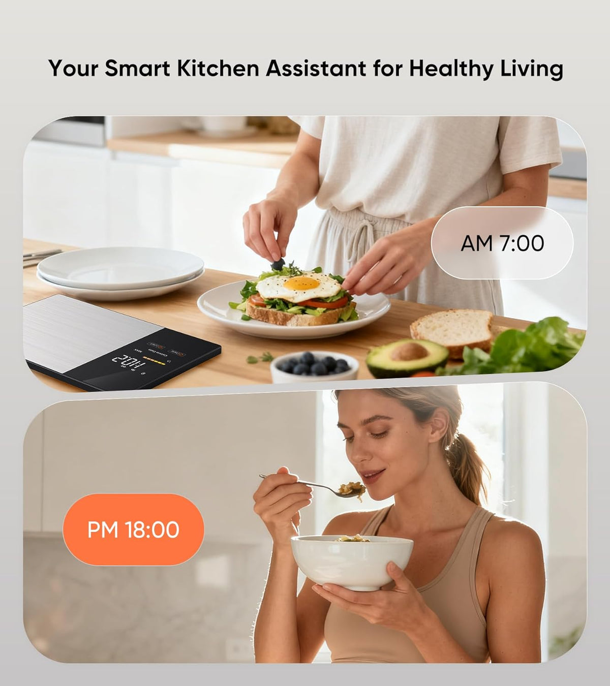 Smart Nutrition Food Scale with LED Display, Tracks Calories, Fat, Carbs & Protein via App, 1g Precision Digital Kitchen Scale for Healthy Eating & Meal Prep