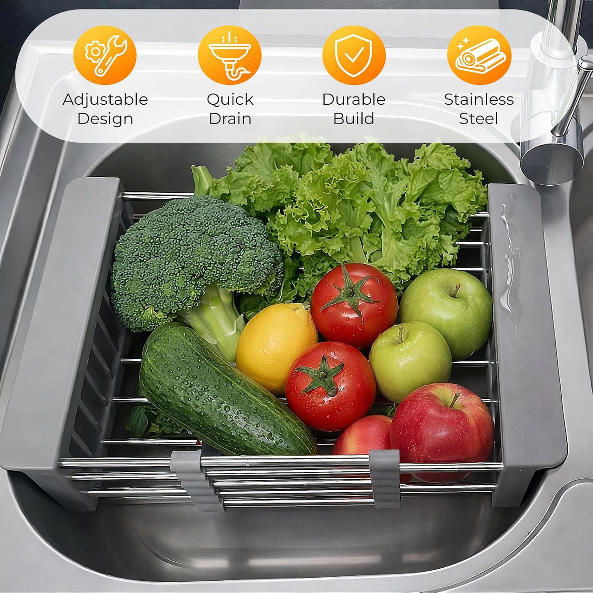 Extend Kitchen Sink Drain Basket, Adjustable Dish Drying Rack Over The Sink, Stainless Steel Kitchen Retractable Drain Sink Accessories Portable & Telescopic Space-Saving Extender for Vegetable, Fruit