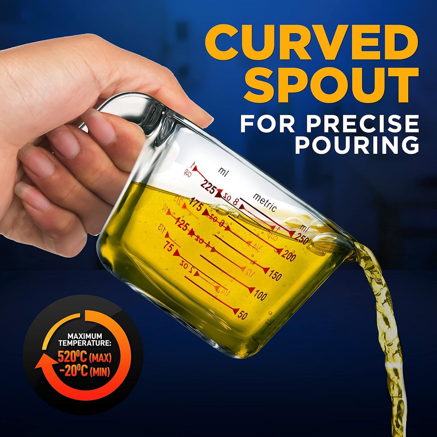 NutriChef 250 ml. Glass Measuring Cup - 8.62 oz Premium Heat Resistant Glass Cup, with Customized Decal Scale, Oven and Dishwasher Safe, Curved Spout for Precise Pouring