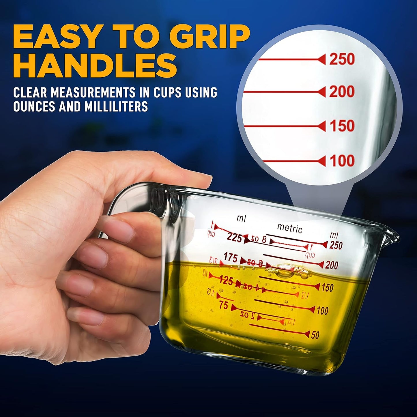 NutriChef 250 ml. Glass Measuring Cup - 8.62 oz Premium Heat Resistant Glass Cup, with Customized Decal Scale, Oven and Dishwasher Safe, Curved Spout for Precise Pouring