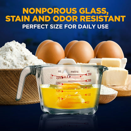 NutriChef 250 ml. Glass Measuring Cup - 8.62 oz Premium Heat Resistant Glass Cup, with Customized Decal Scale, Oven and Dishwasher Safe, Curved Spout for Precise Pouring