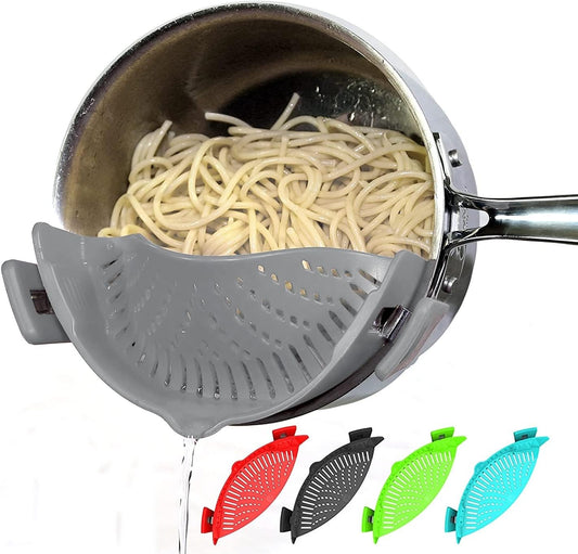 Clip-On Silicone Pot Strainer for Pots & Pans, Adjustable Heat-Resistant Pasta Drainer, Compact Kitchen Colander for Vegetables & Noodles (Grey)