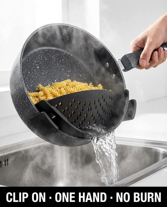 Clip-On Silicone Pot Strainer for Pots & Pans, Adjustable Heat-Resistant Pasta Drainer, Compact Kitchen Colander for Vegetables & Noodles (Grey)