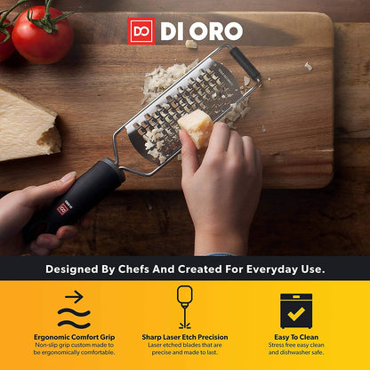 DI ORO Cheese Grater with Handle - Graters for Kitchen Stainless Steel - Flat Hand Held Kitchen Grater for Shredding Vegetables & Food - Rust-Proof Heavy Duty Metal Hand Grater for Cooking & Grating