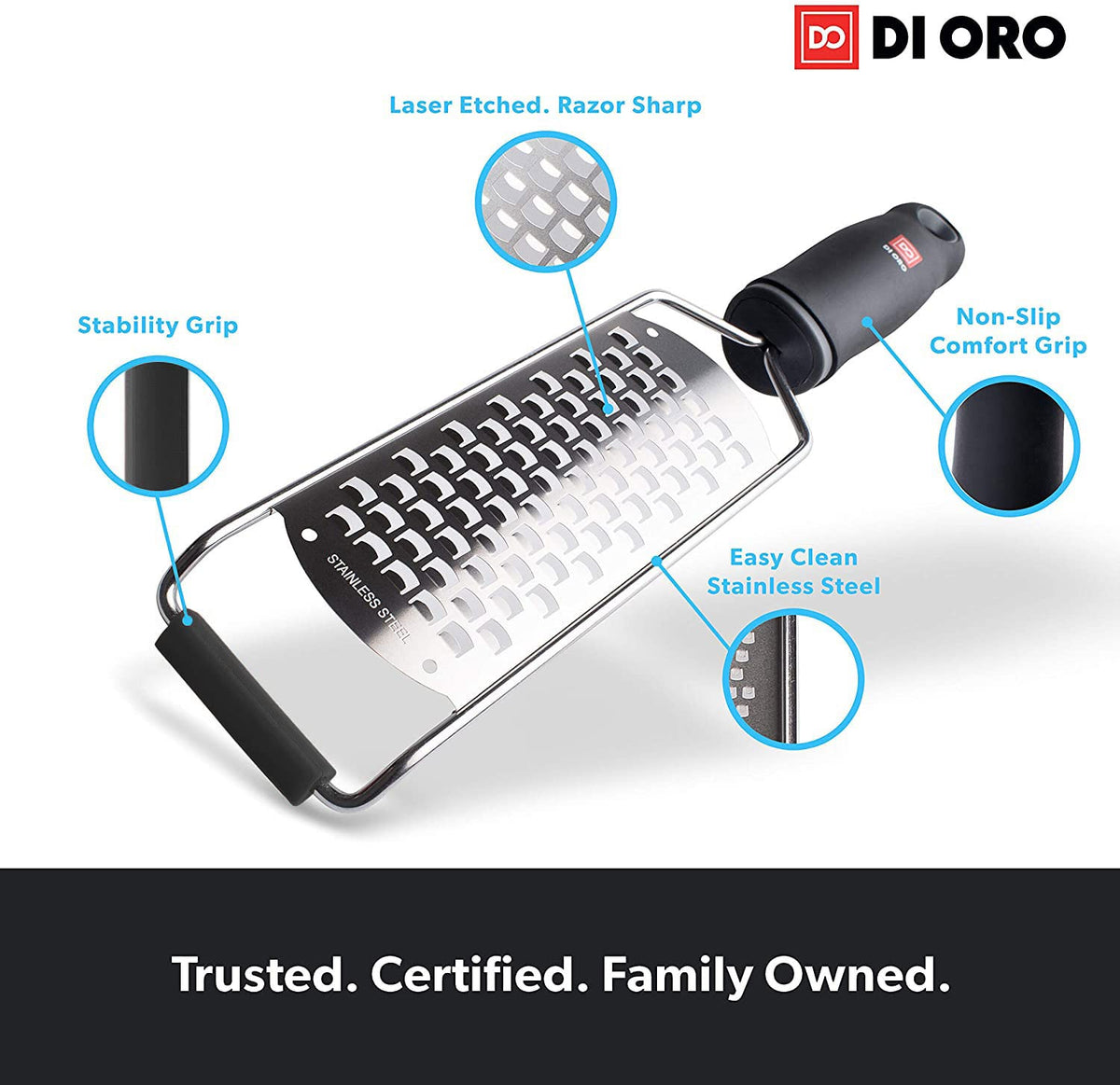 DI ORO Cheese Grater with Handle - Graters for Kitchen Stainless Steel - Flat Hand Held Kitchen Grater for Shredding Vegetables & Food - Rust-Proof Heavy Duty Metal Hand Grater for Cooking & Grating