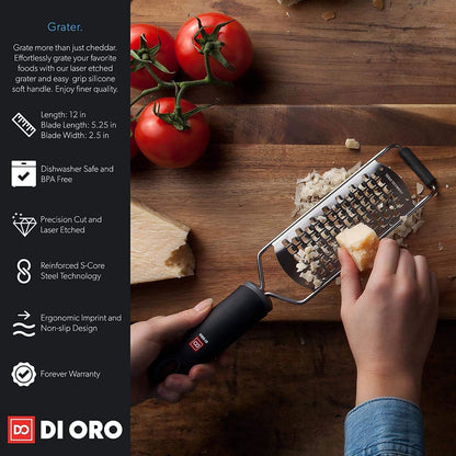 DI ORO Cheese Grater with Handle - Graters for Kitchen Stainless Steel - Flat Hand Held Kitchen Grater for Shredding Vegetables & Food - Rust-Proof Heavy Duty Metal Hand Grater for Cooking & Grating