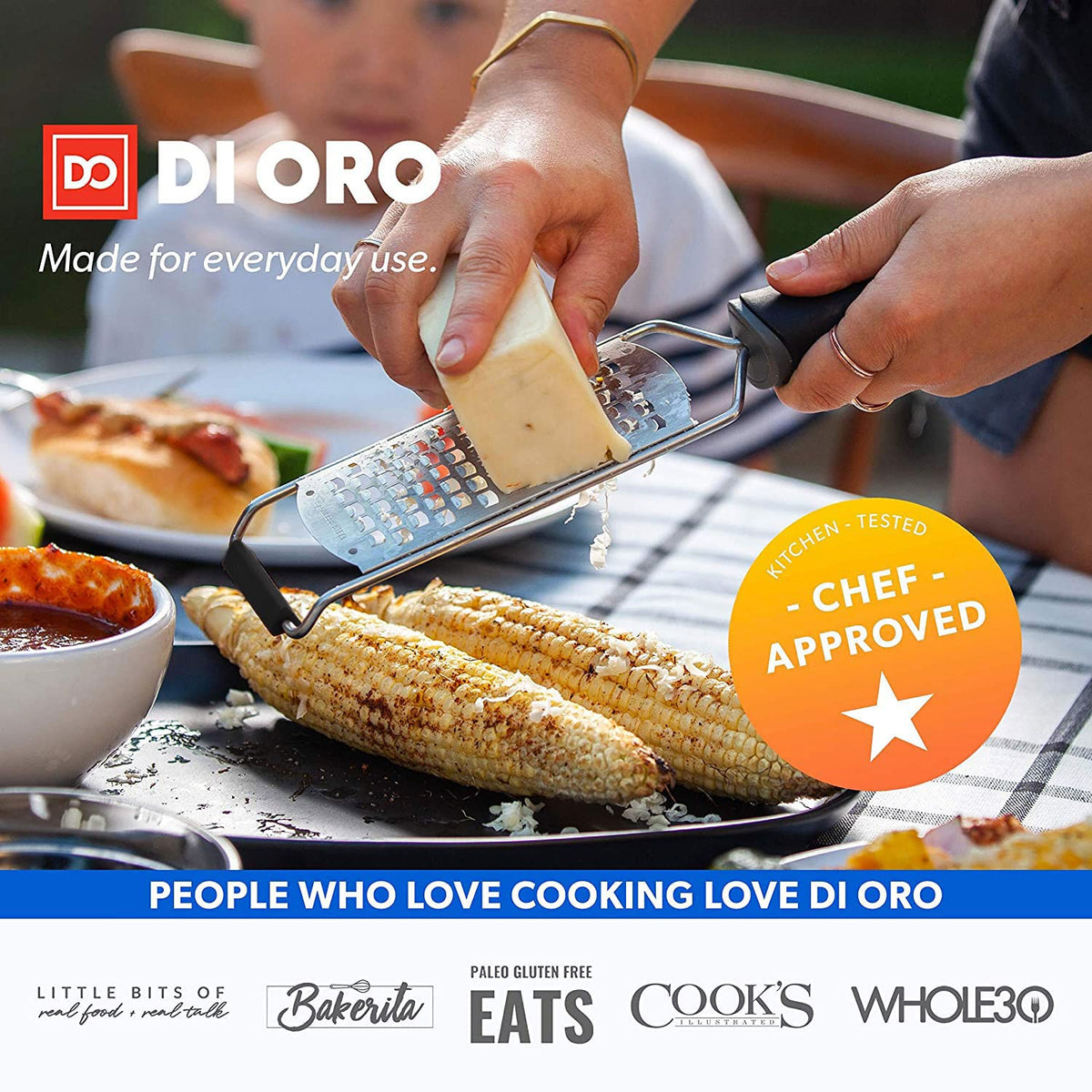 DI ORO Cheese Grater with Handle - Graters for Kitchen Stainless Steel - Flat Hand Held Kitchen Grater for Shredding Vegetables & Food - Rust-Proof Heavy Duty Metal Hand Grater for Cooking & Grating