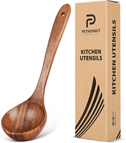 Wooden Soup Ladle Spoons for Cooking Serving, Teak Wood, 10.6" | Non-Toxic, Natural, Long Handle, Deep Scooper Server Utensil, No-Scratch Cookware Surface, For Stirring Scoop Stews Porridge