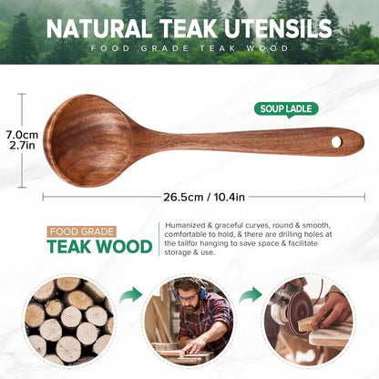 Wooden Soup Ladle Spoons for Cooking Serving, Teak Wood, 10.6" | Non-Toxic, Natural, Long Handle, Deep Scooper Server Utensil, No-Scratch Cookware Surface, For Stirring Scoop Stews Porridge