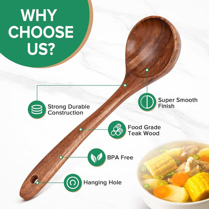 Wooden Soup Ladle Spoons for Cooking Serving, Teak Wood, 10.6" | Non-Toxic, Natural, Long Handle, Deep Scooper Server Utensil, No-Scratch Cookware Surface, For Stirring Scoop Stews Porridge